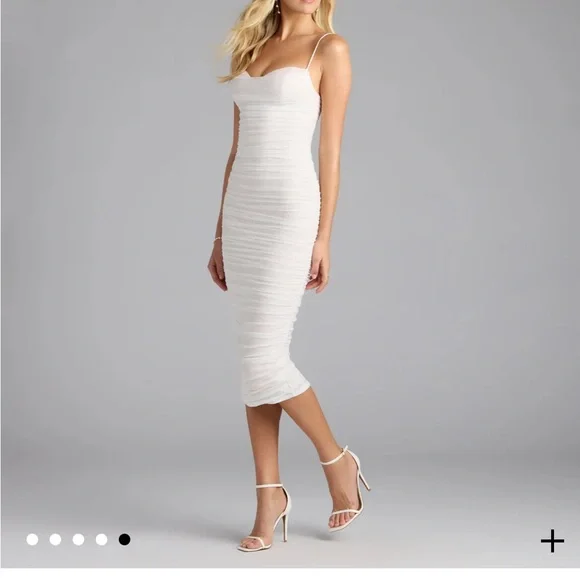 midi off shoulder white dress Strapless Midi White Dress with 3-D Off-Shoulder Detail – HAREM's Brides